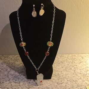 Silver Necklace with Red and Green Accents